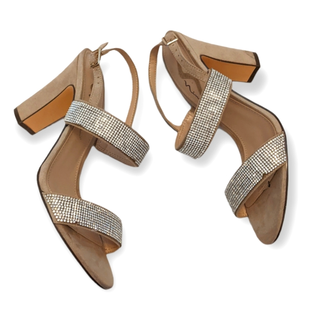 Nina Senta Sandal, Faux Suede Block Heels with Crystal Embellishments, Sz 8